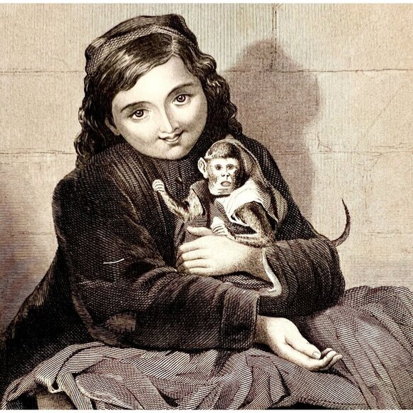 Pet Monkeys Cute Girl Steel Engraving 1859 Victorian Animals Primates Art DWY5D